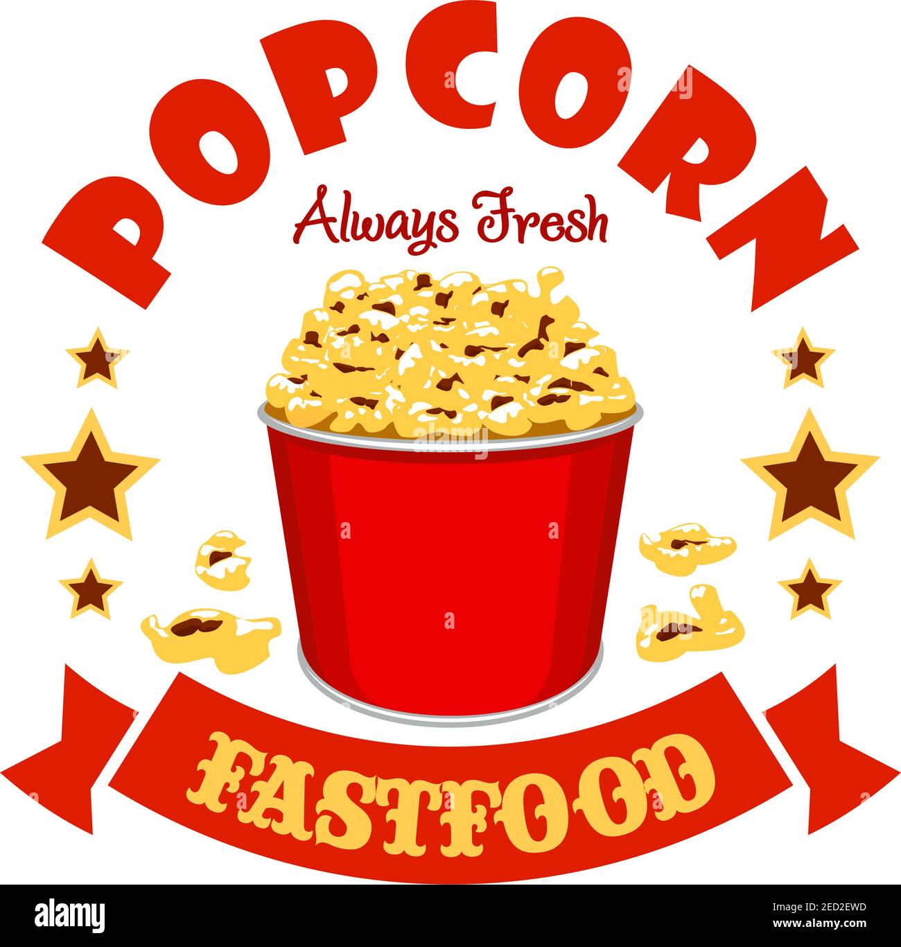Popcorn basket. Fast food vector emblem for cinema menu card, sticker