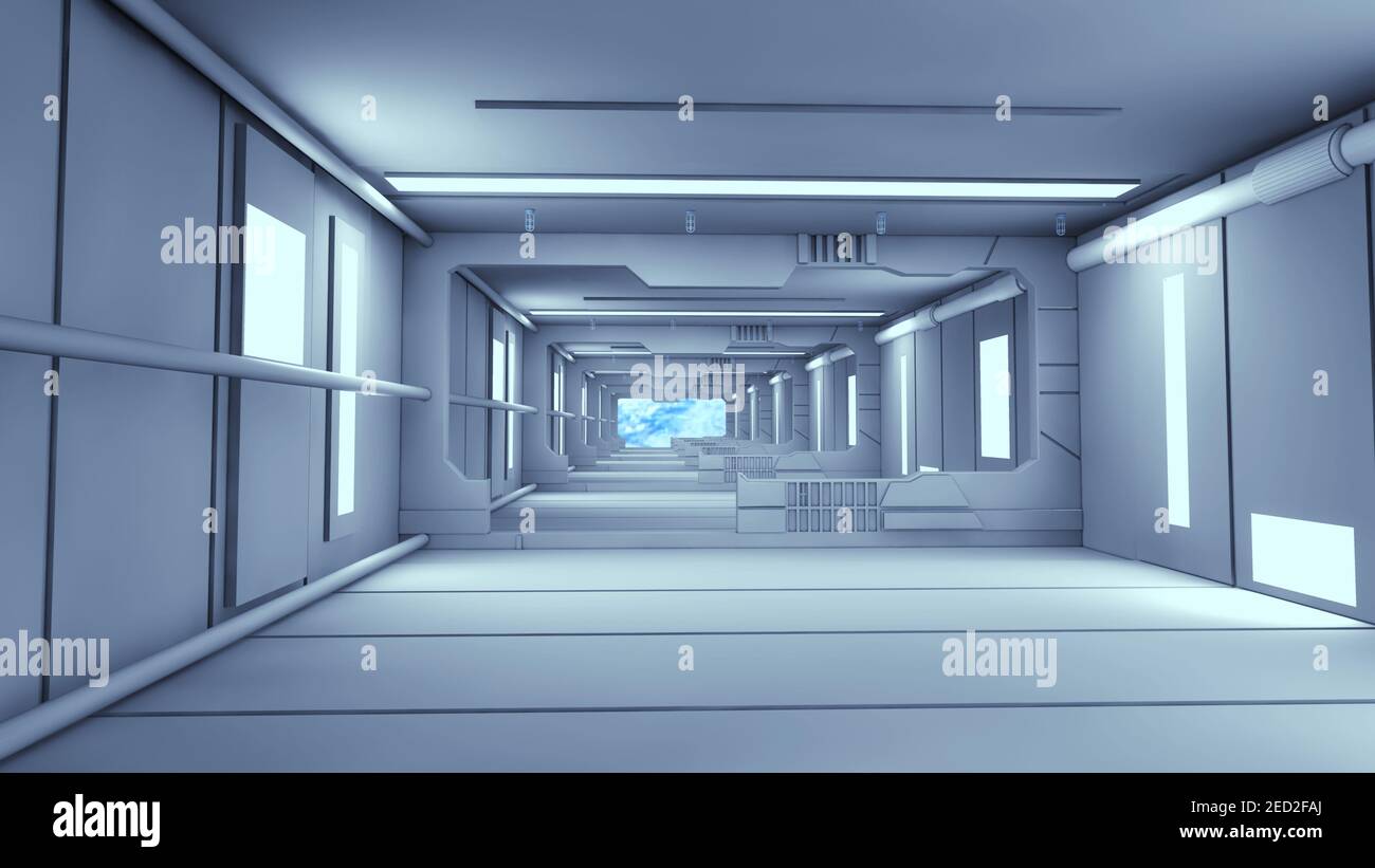 3d render. Futuristic hallway. Concept of modern architecture and interior spaceship Stock Photo