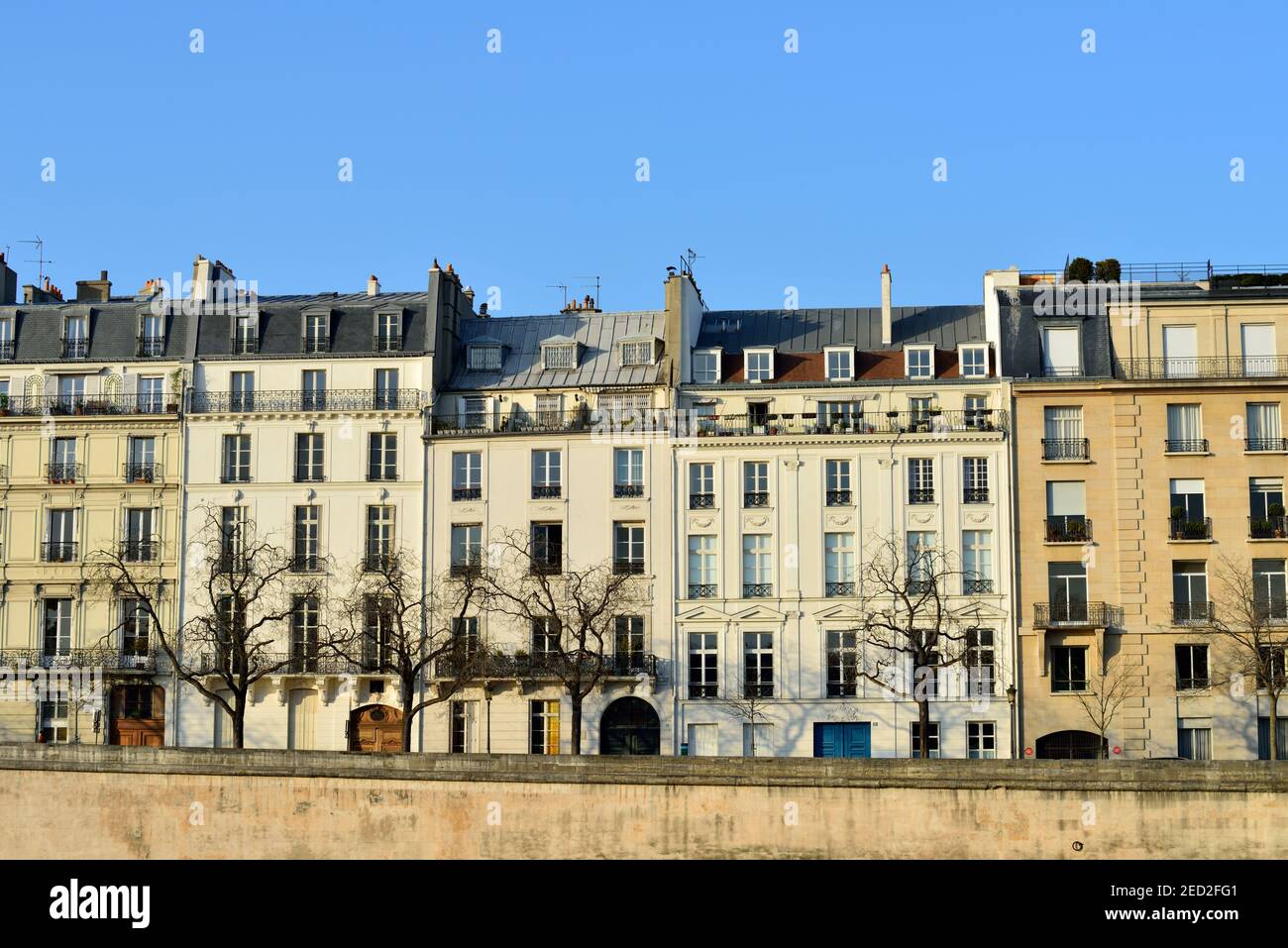 Seine river side terraced luxury residences, Seine river embankment, Paris, France Stock Photo