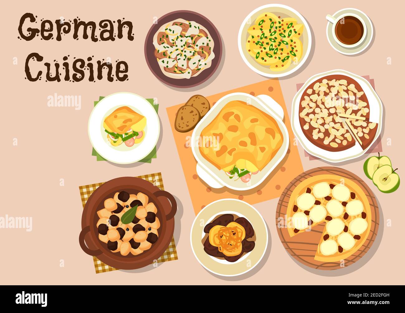 German cuisine icon with berliner pork liver with apple, mustard potato, beef stew with sour cream, vegetable sausage casserole, pork kidney beef stew Stock Vector