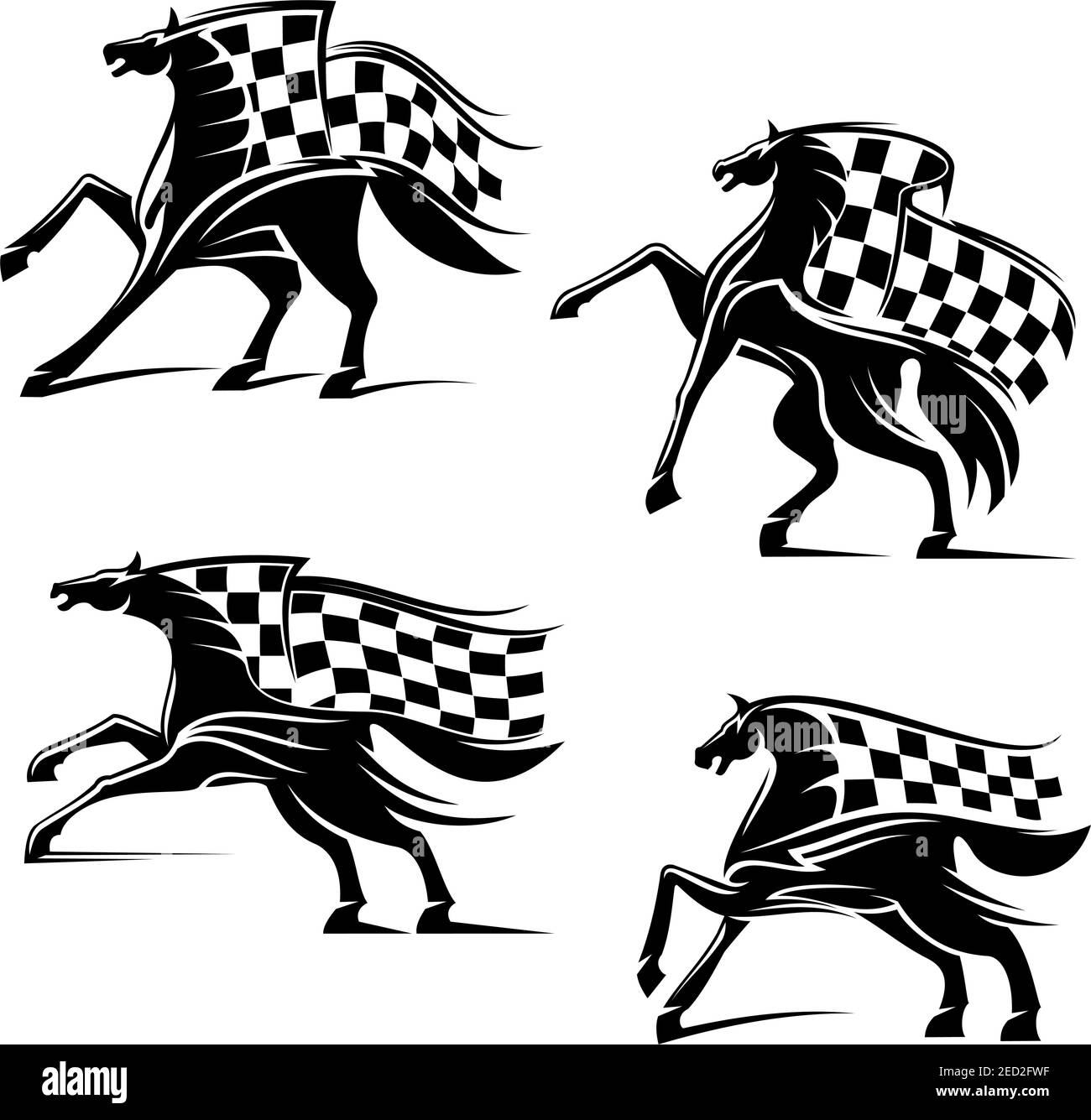 Racing sport emblems. Horses with checkered flags running, stomping, rearing, rushing. Horse or car races vector icons for sport club, bookmaker signb Stock Vector