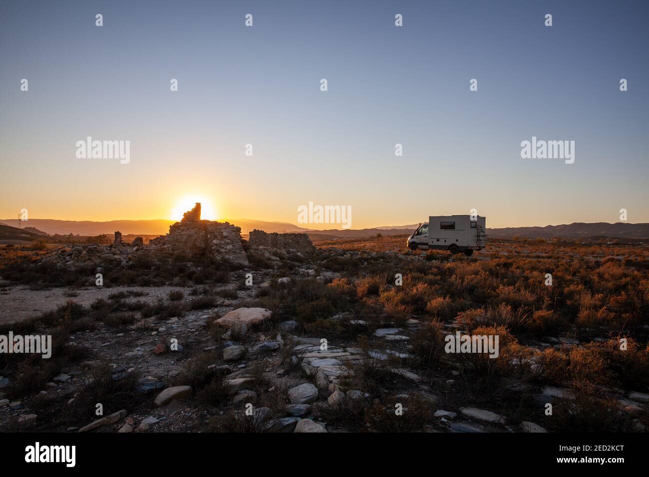 Offroad truck on sunset Landscape in the Tabernas desert Spain Andalusia Adventure Travel Stock Photo