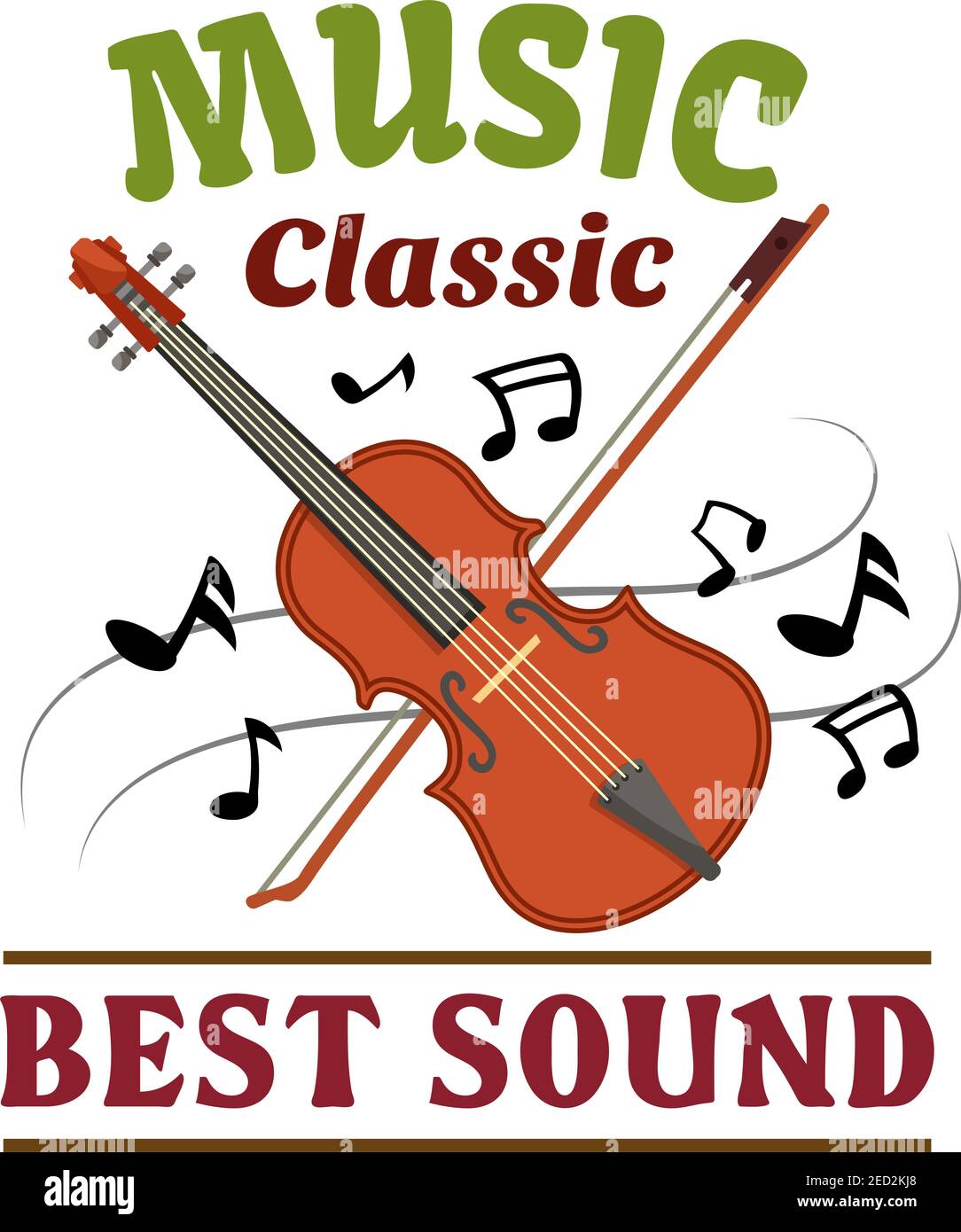 Classic music badge of violin and bow with notes swirling around. Music