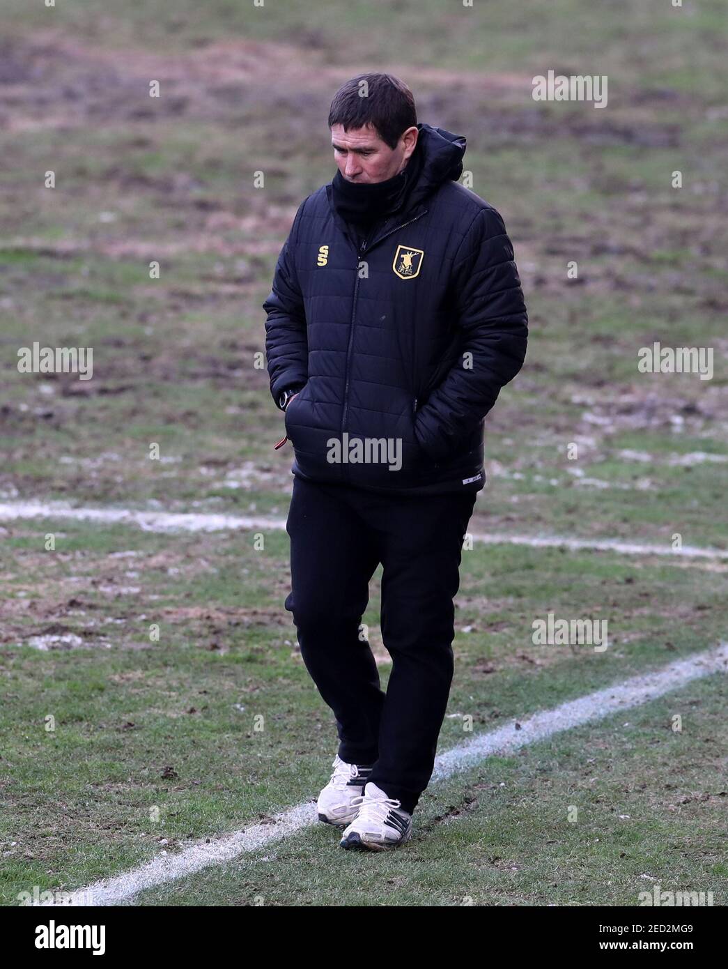 Mansfield Town manager Nigel Clough during the Sky Bet League Two match at the JobServe Community Stadium, Colchester. Picture date: Sunday February 14, 2021. Stock Photo