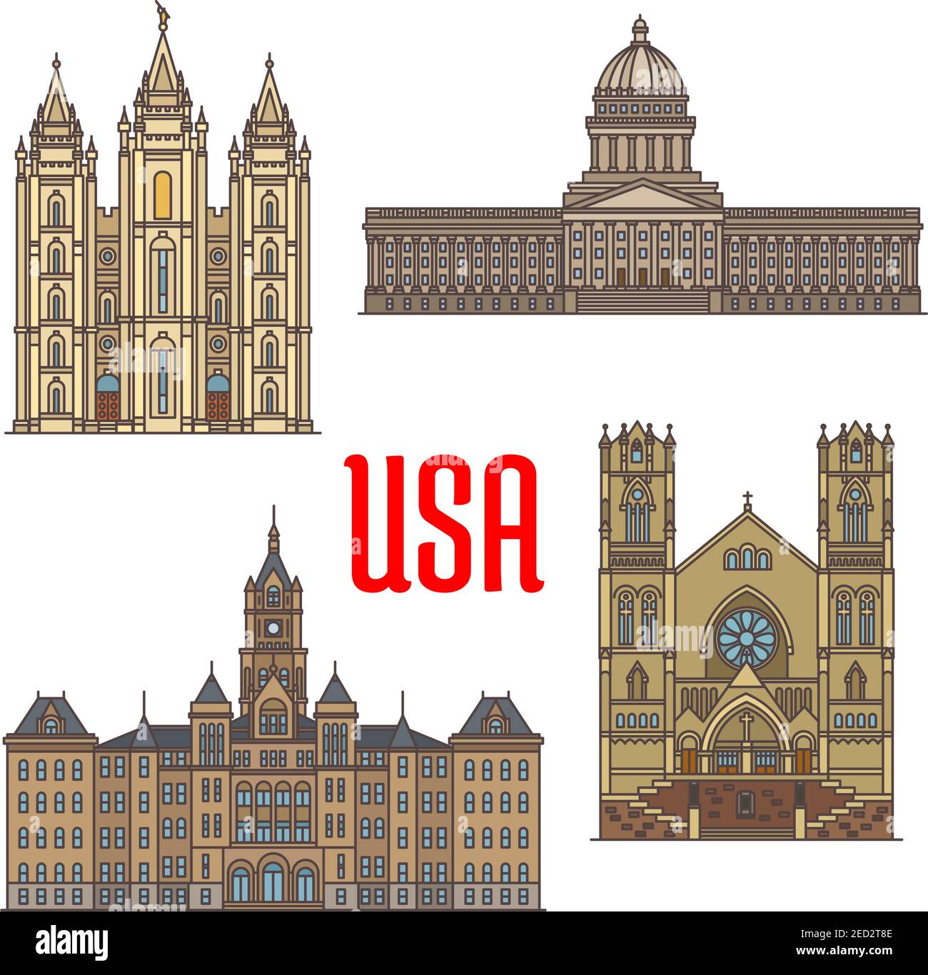 Travel landmarks of USA thin line icon. American Utah travel sights icon with Salt Lake City and County Building, Cathedral of the Madeleine, Utah Sta Stock Vector