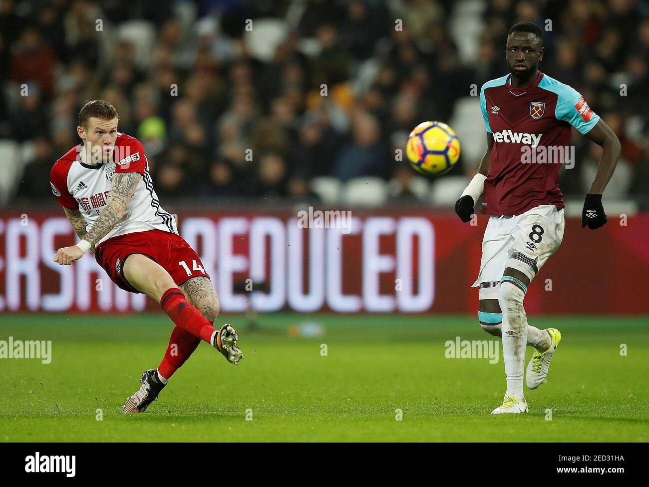 Soccer Football - Premier League - West Ham United vs West Bromwich Albion - London Stadium, London, Britain - January 2, 2018   West Bromwich Albion's James McClean shoots at goal   REUTERS/Eddie Keogh    EDITORIAL USE ONLY. No use with unauthorized audio, video, data, fixture lists, club/league logos or 'live' services. Online in-match use limited to 75 images, no video emulation. No use in betting, games or single club/league/player publications.  Please contact your account representative for further details. Stock Photo