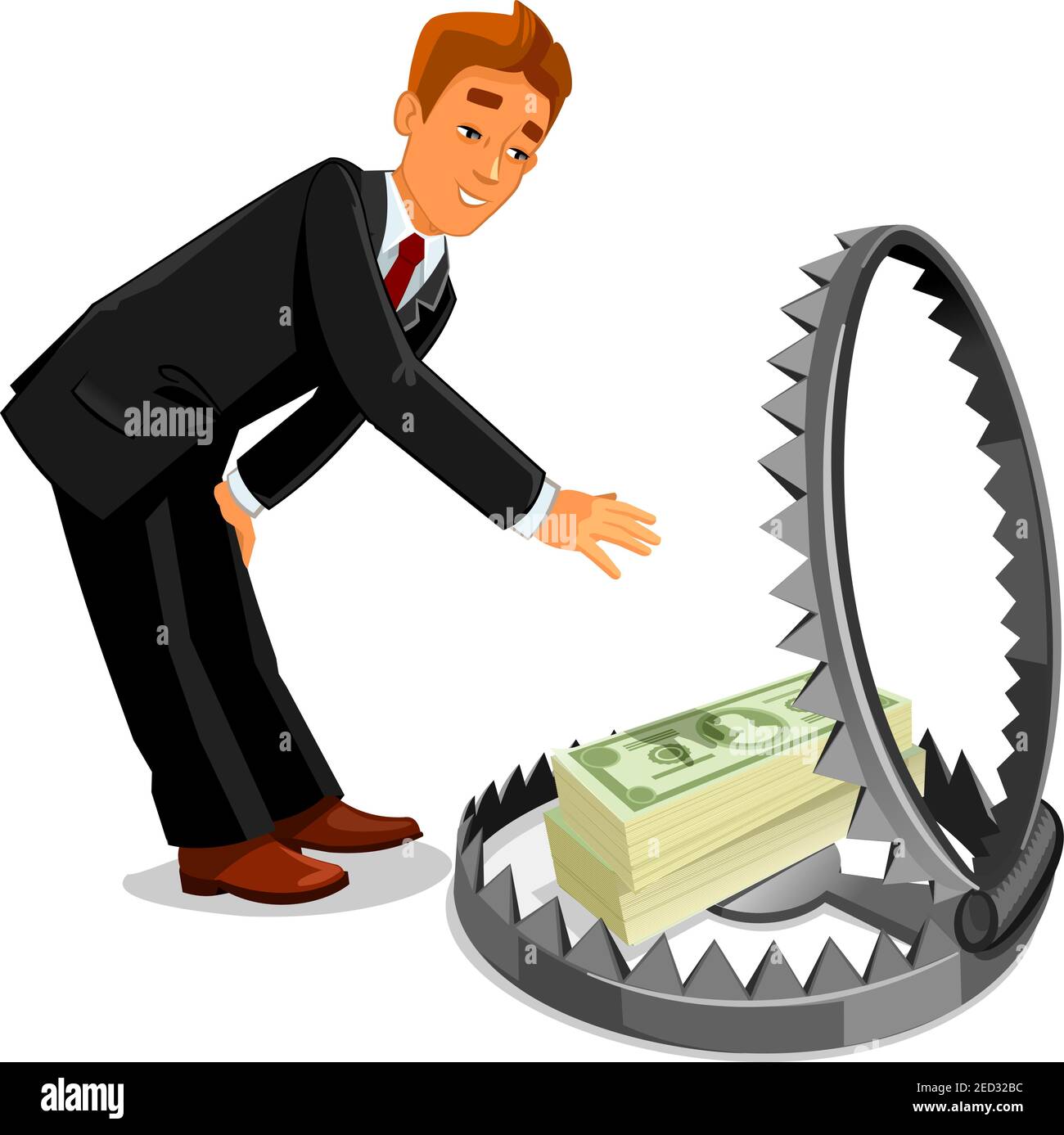 Businessman stretching hand to take money from trap. Buinsess methaphor of easy money wanting. Man grabbing money from animal trapping. Dangerous and Stock Vector