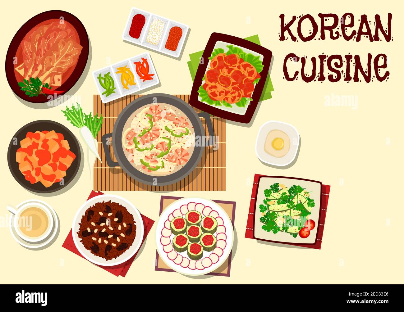 Korean cuisine traditional kimchi vegetables dishes icon with seafood