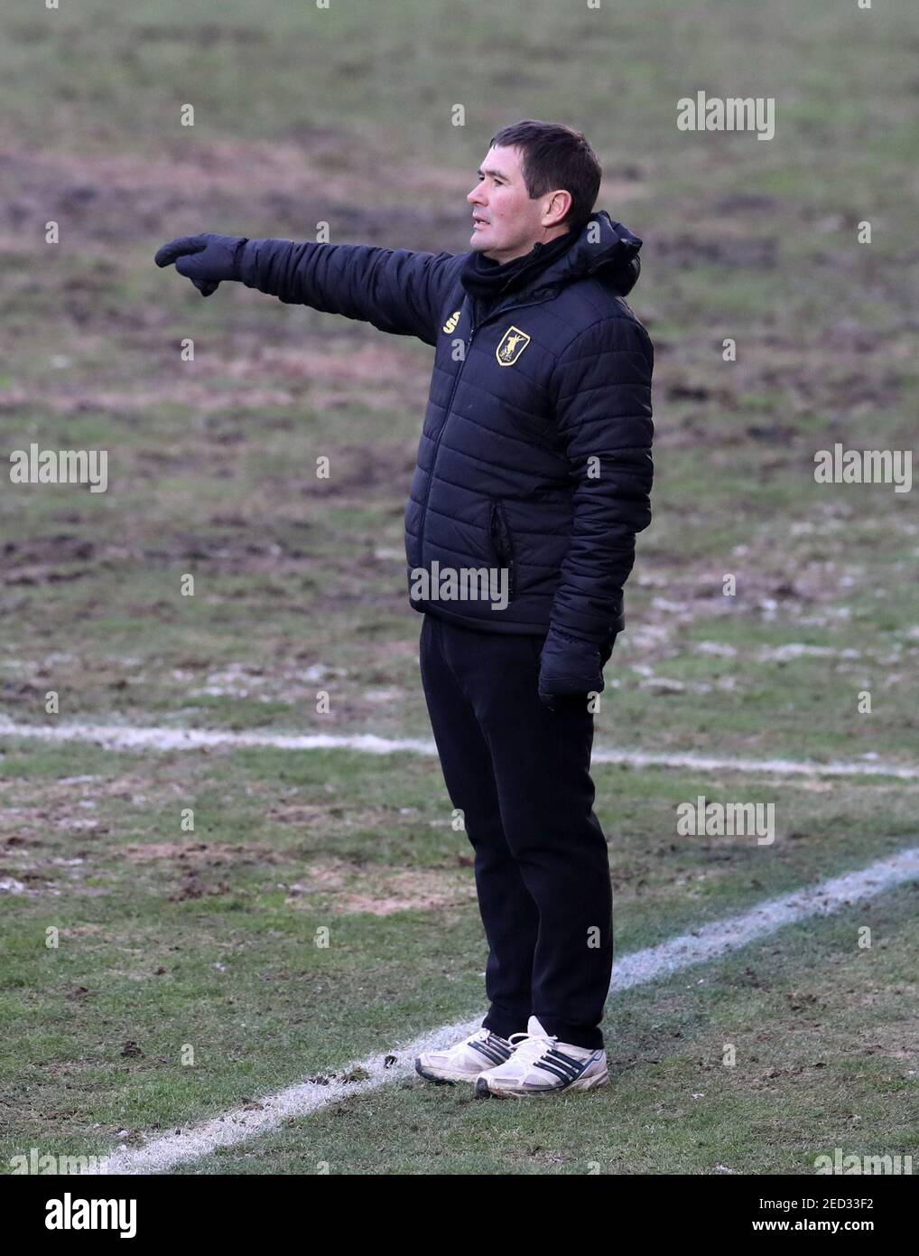 Mansfield Town manager Nigel Clough during the Sky Bet League Two match at the JobServe Community Stadium, Colchester. Picture date: Sunday February 14, 2021. Stock Photo