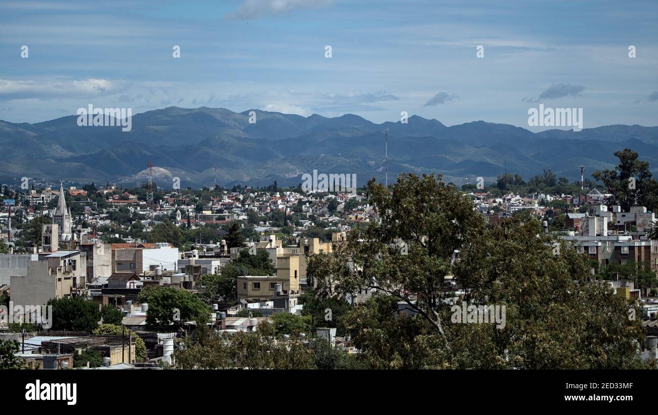 View of Cordoba City skyline with the mountains in the background, Cordoba province, Argentina. Stock Photo