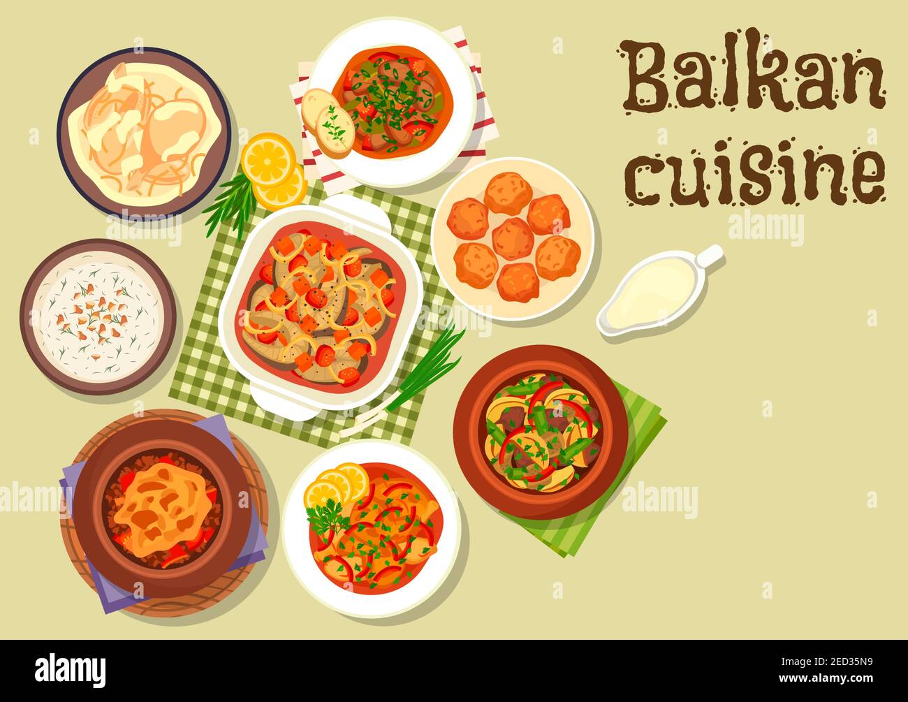 Balkan cuisine meat dishes icon with pepper pork stew, beef stew with cheese, baked fish with vegetables, lamb potato stew, chicken in sour cream, col Stock Vector