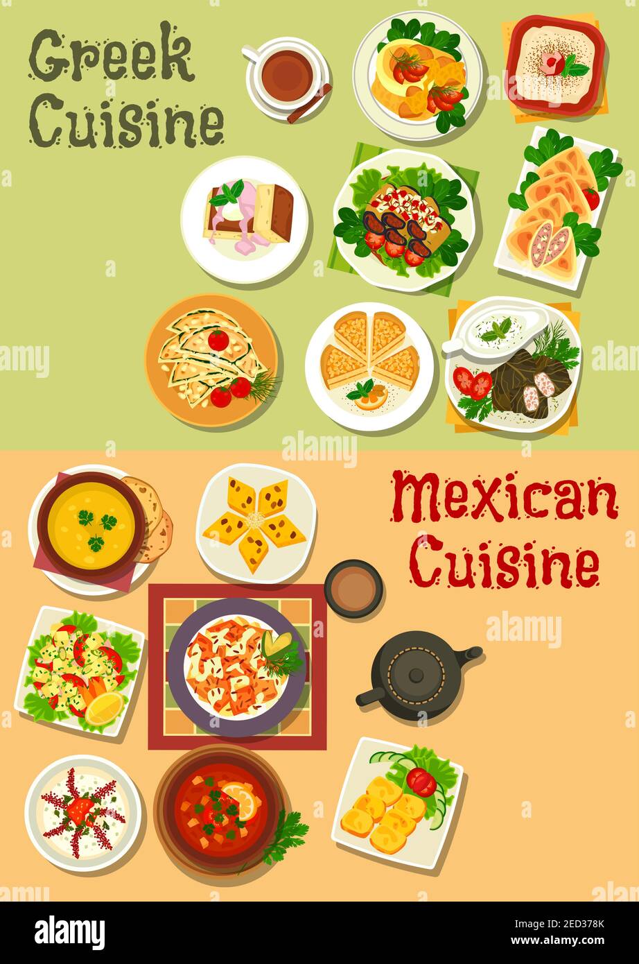 Mexican and greek cuisine icon with chilli bean, vegetable soup, meat stew, vegetable cheese and fish roe salad, corn and garlic bread, beef feta pie, Stock Vector
