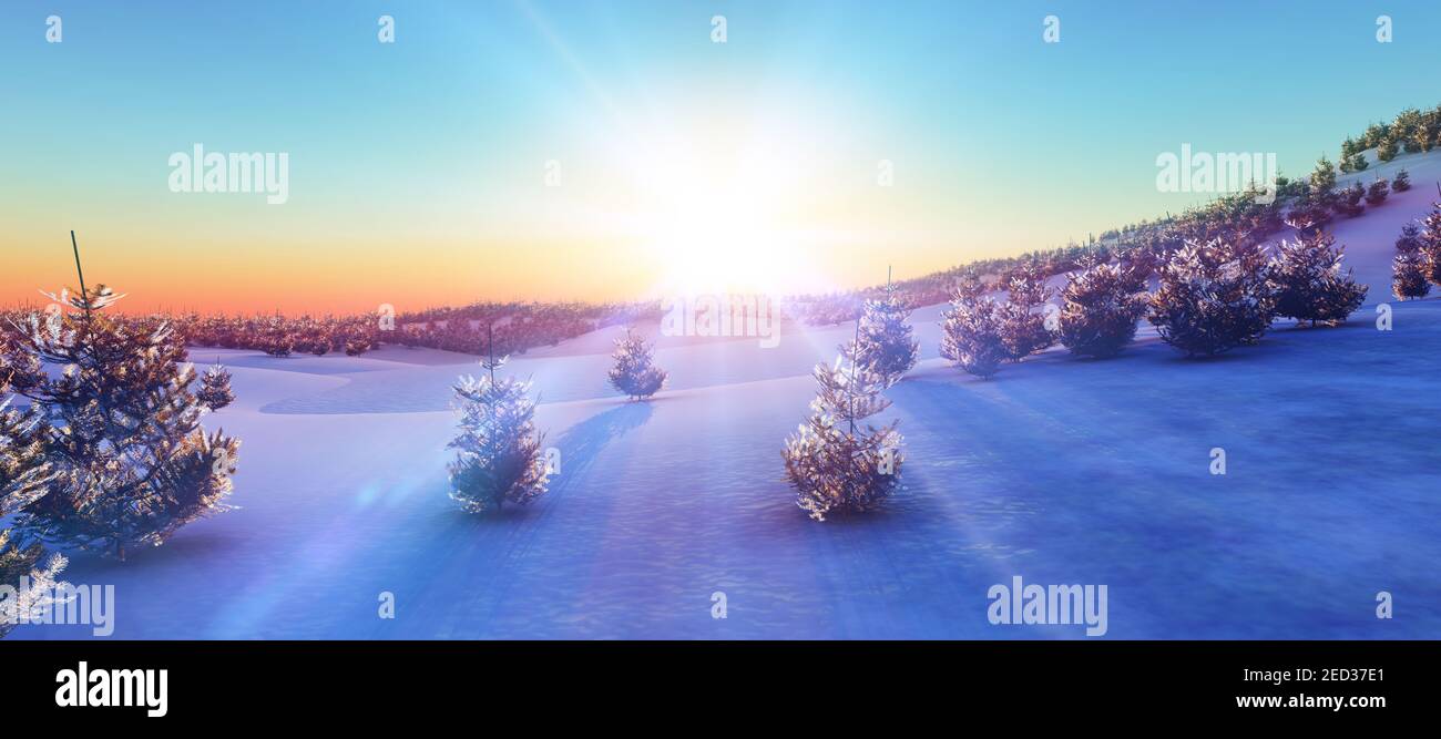 Above Winter Forest Mountain Sunset 3D Rendering Illustration Stock above-winter-forest-mountain-sunset-3d-rendering-illustration-stock