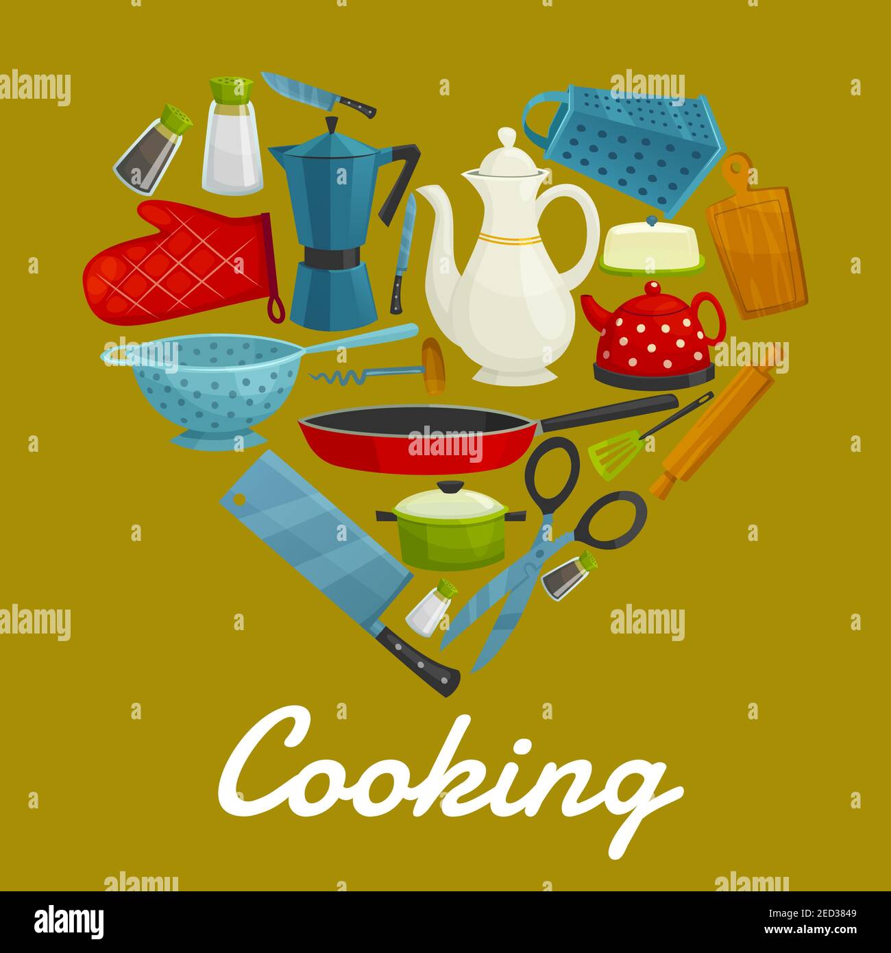 Cooking sign of vector kitchenware flat icons. Heart symbol of isolated ...
