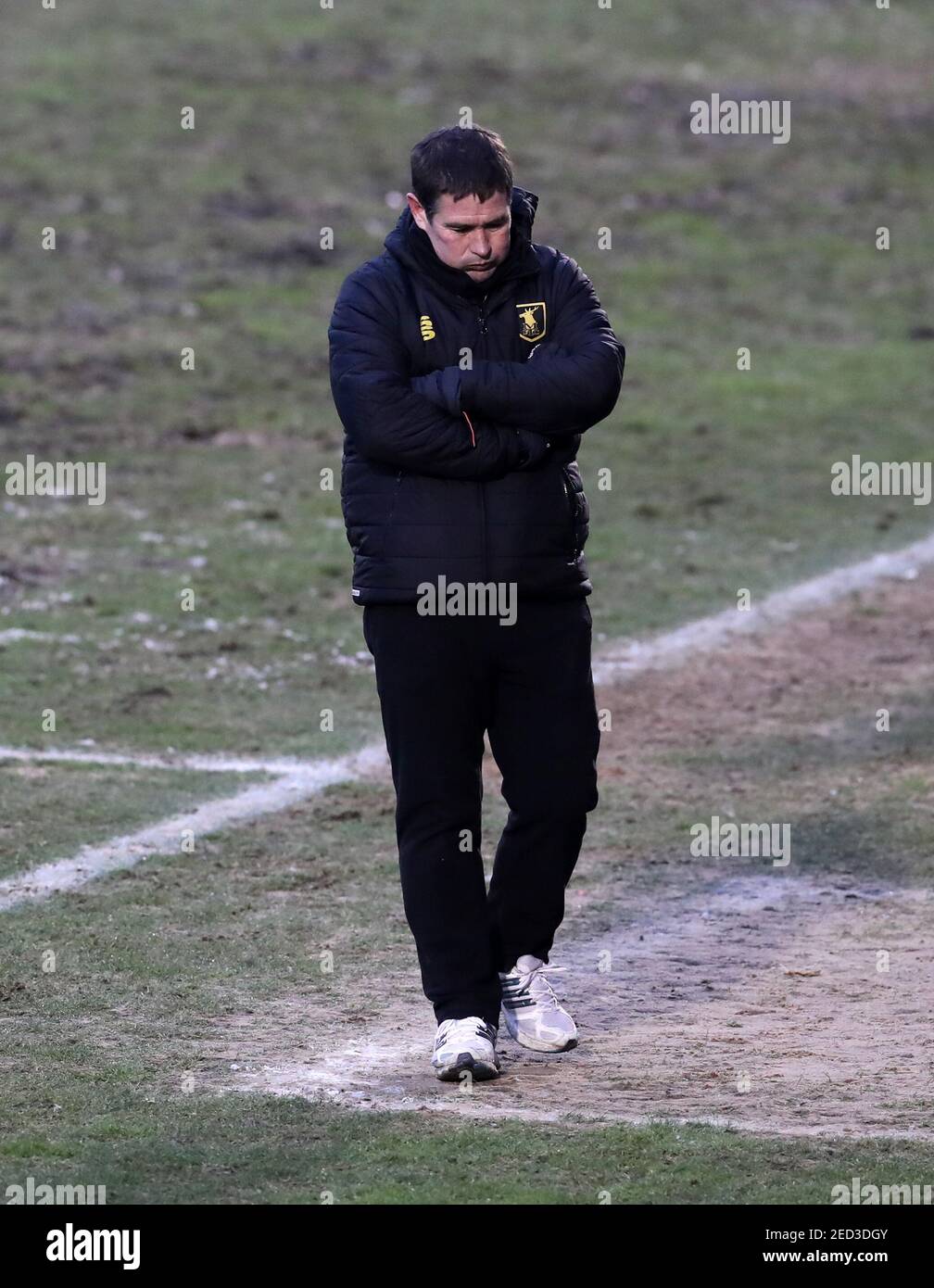 Mansfield Town manager Nigel Clough looks dejected during the Sky Bet League Two match at the JobServe Community Stadium, Colchester. Picture date: Sunday February 14, 2021. Stock Photo
