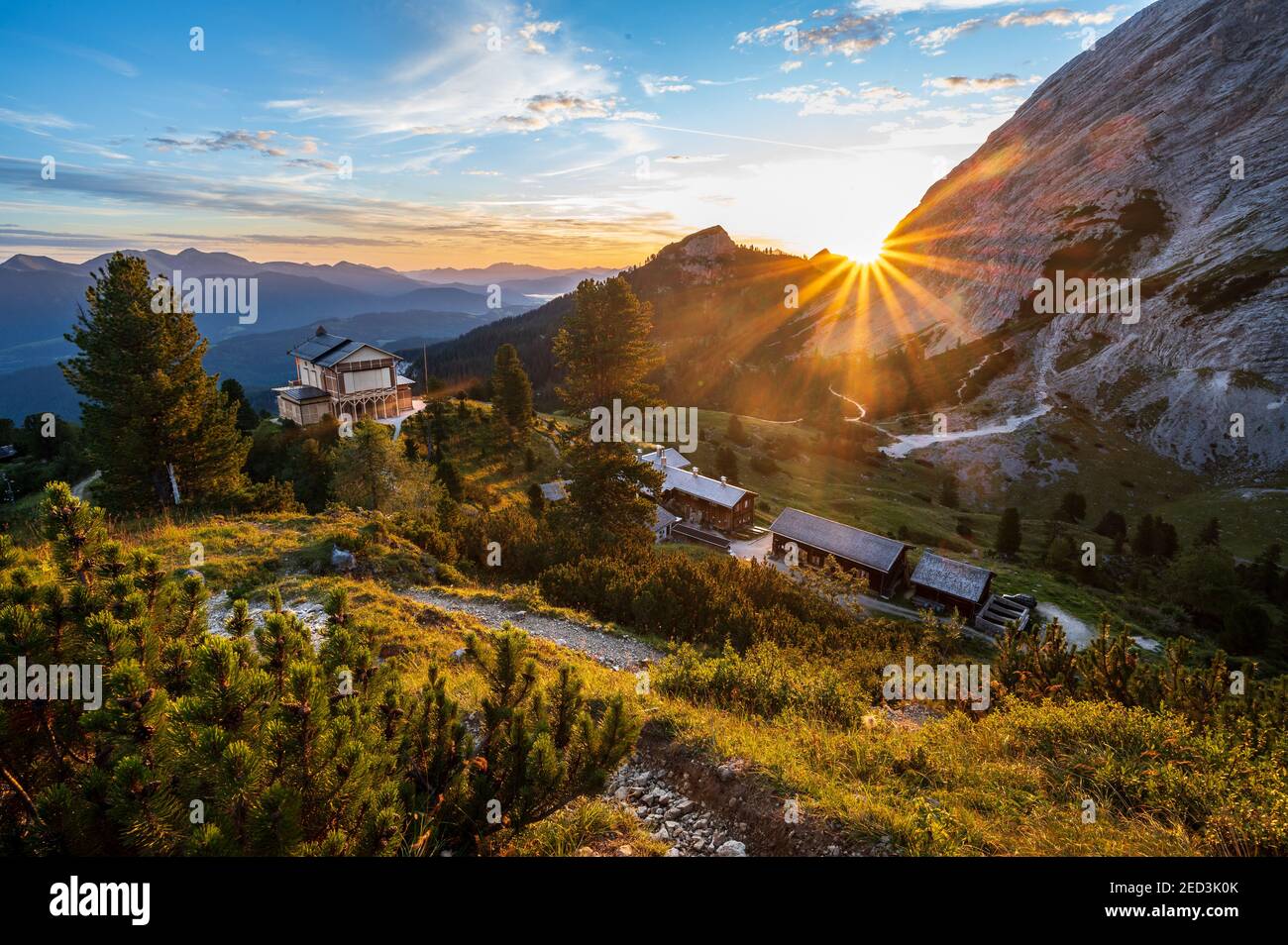 Sunrise above the king's house on Schachen from king Ludwig II and alpine hut Schachenhaus with warm atmosphere Stock Photo