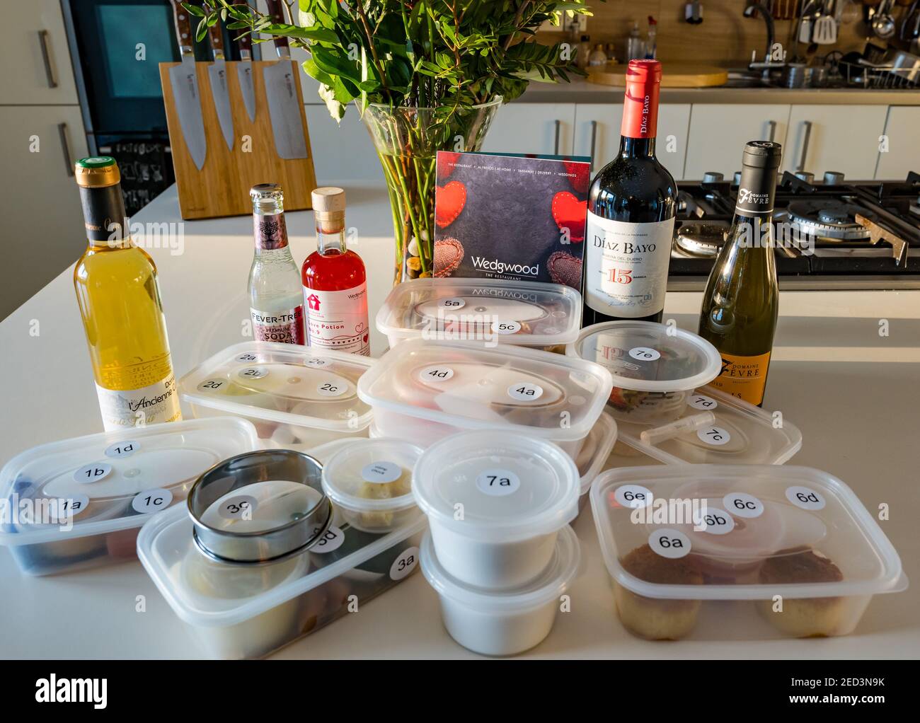 A lockdown 7 course tasting menu Valentine's Day meal with matching wines to prepare at home by chef Paul Wedgwood, Scotland, UK Stock Photo