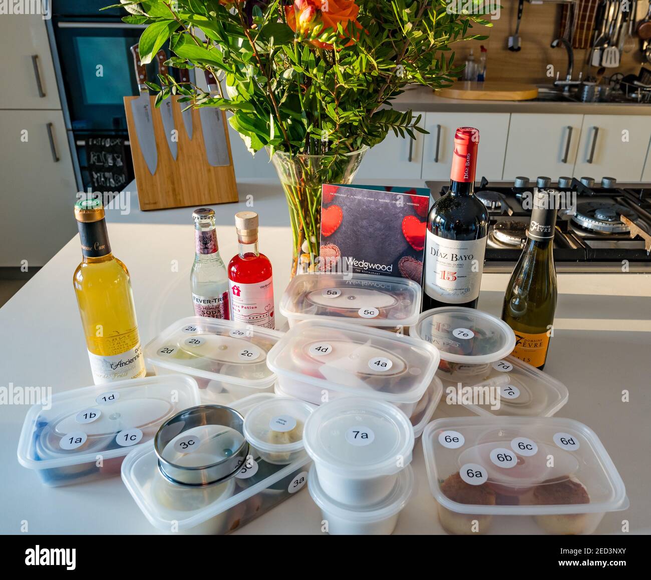 A lockdown 7 course tasting menu Valentine's Day meal with matching wines to prepare at home by chef Paul Wedgwood, Scotland, UK Stock Photo
