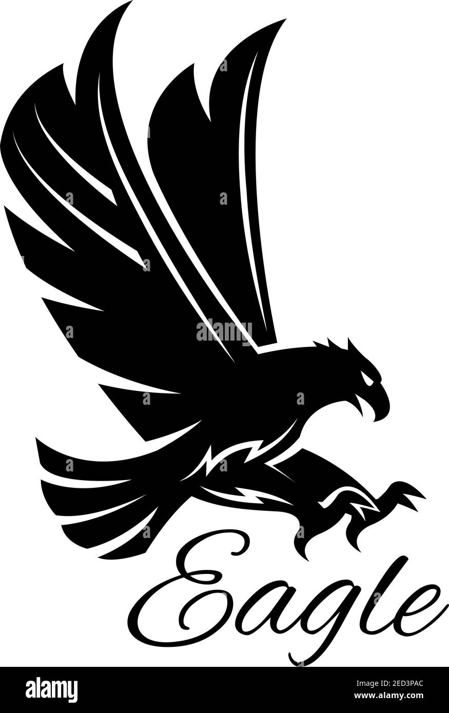 Eagle bird black icon. Vector heraldic emblem of powerful wild falcon with stretching clutches. Symbol of eagle hawk predator for sport team mascot sh Stock Vector