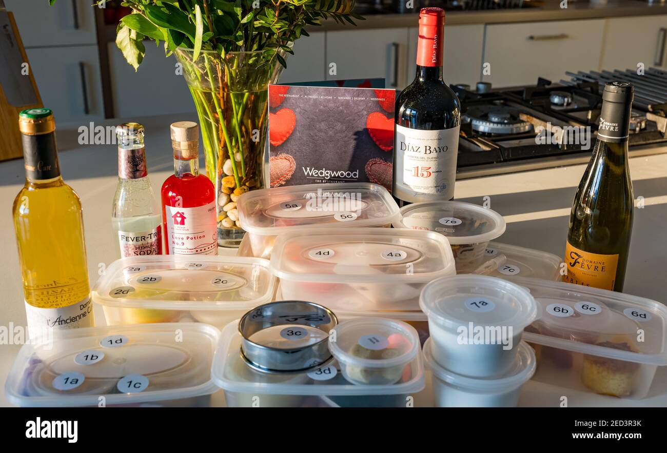 A lockdown 7 course tasting menu Valentine's Day meal with matching wines to prepare at home by chef Paul Wedgwood, Scotland, UK Stock Photo