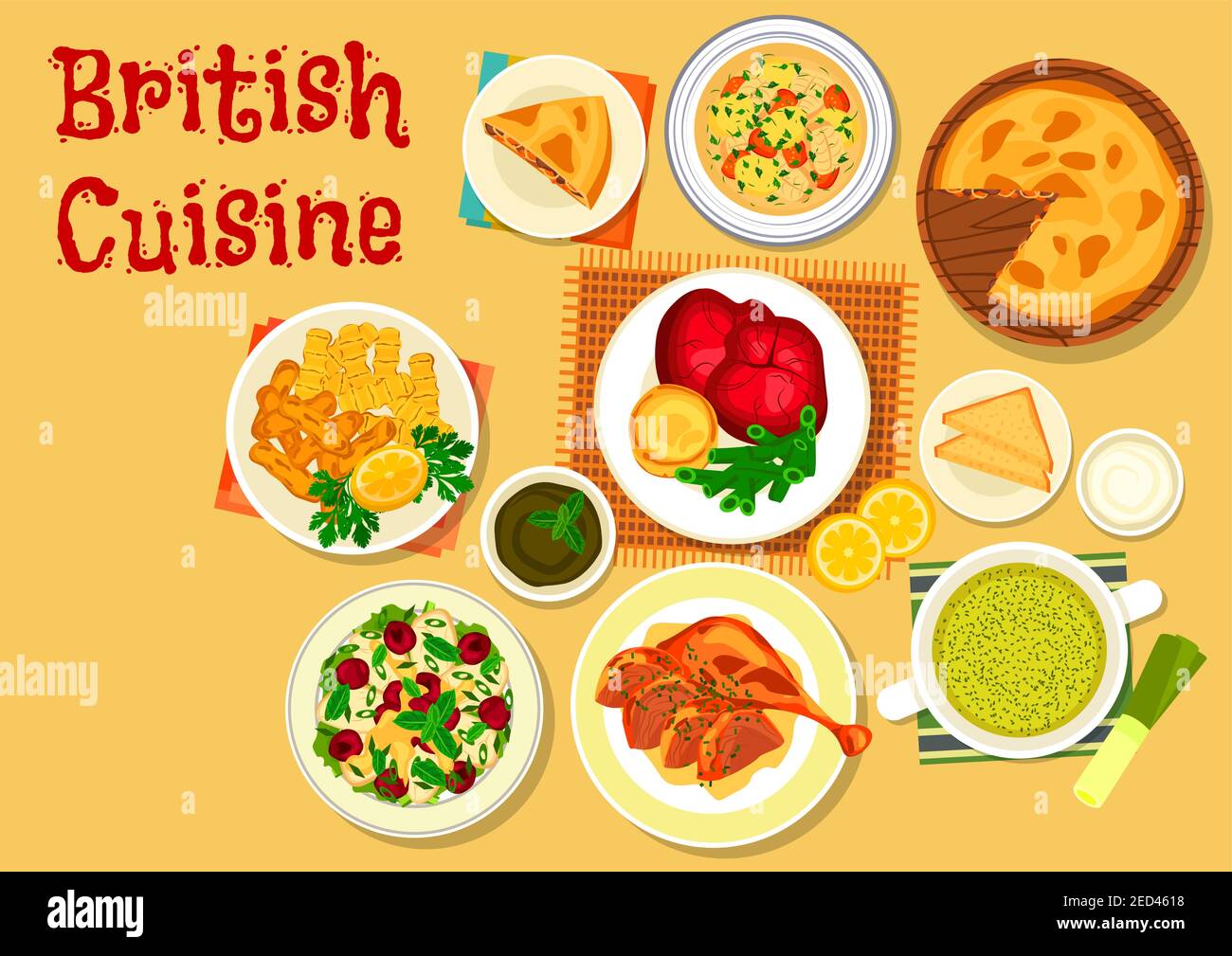 British cuisine traditional roast beef with yorkshire pudding icon with irish fish soup, chicken salad with cherry fruit, fish and chips, duck with mi Stock Vector