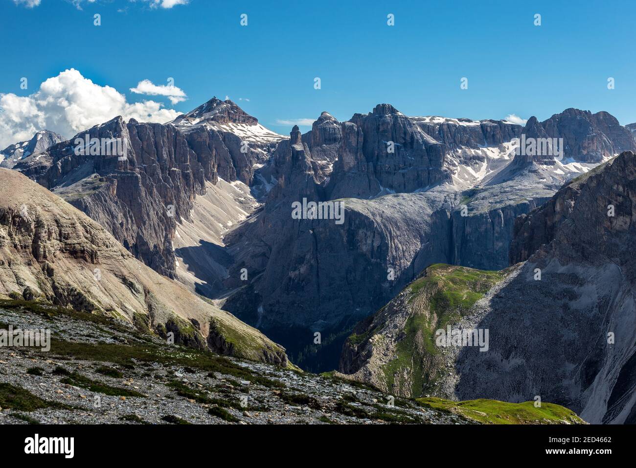 View on the Sella mountain group (Val Mezdì rocky valley and Piz Boè peak). Taken from Puez plateau. The Gardena Dolomites. Italian Alps. Europe. Stock Photo