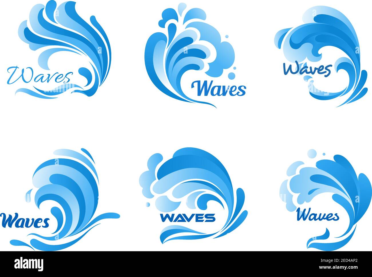 Waves vector isolated icons. Water ocean wave splash, tide water rollers, stormy curling, boiling and seething blue sea waves Stock Vector