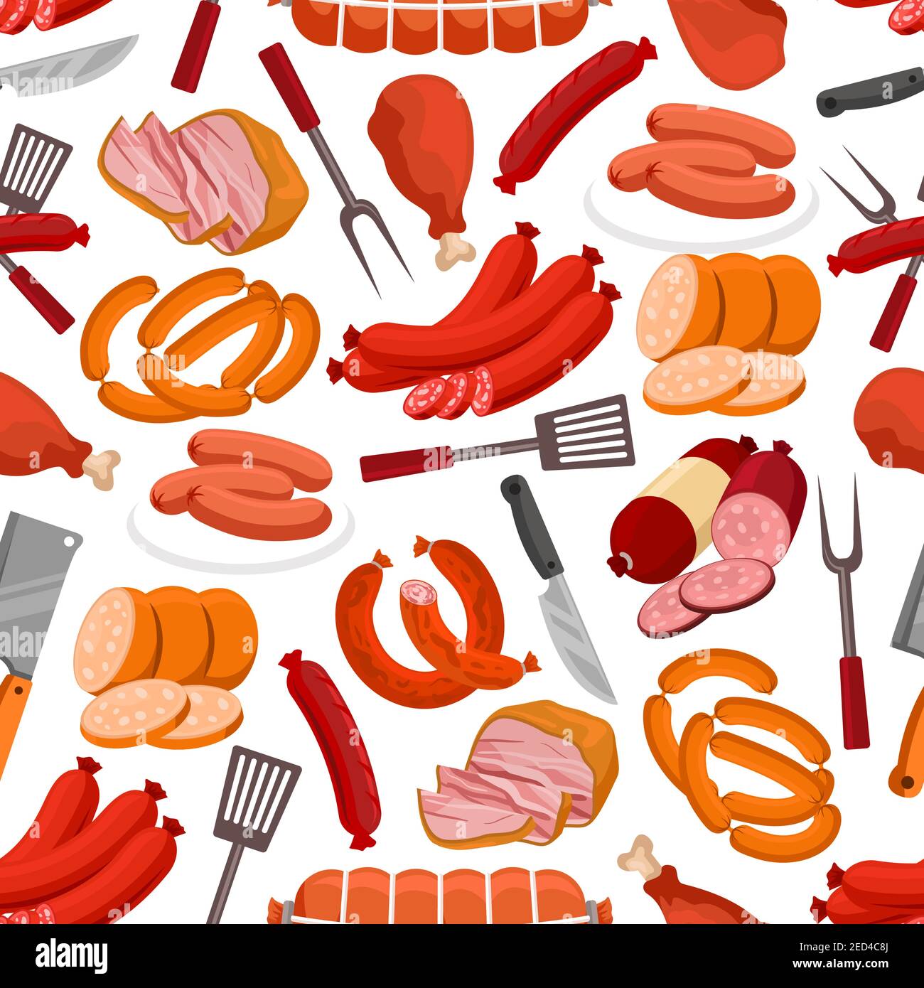Meat delicatessen pattern. Vector seamless background of sausages, smoked bacon and roast beef, beef steak, ham and pork wurst, salami and schnitzel, Stock Vector