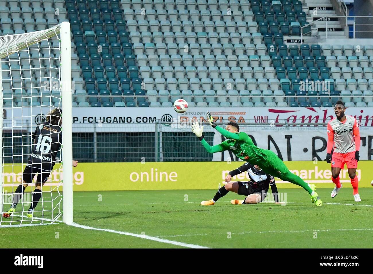 Lugano, Switzerland. 14th Feb, 2021. #46 goalkeeper Noam Baumann (Lugano) save 4th goal during the Swiss Super League match FC Lugano and BSC Young at Cornaredo Stadium in Lugano,