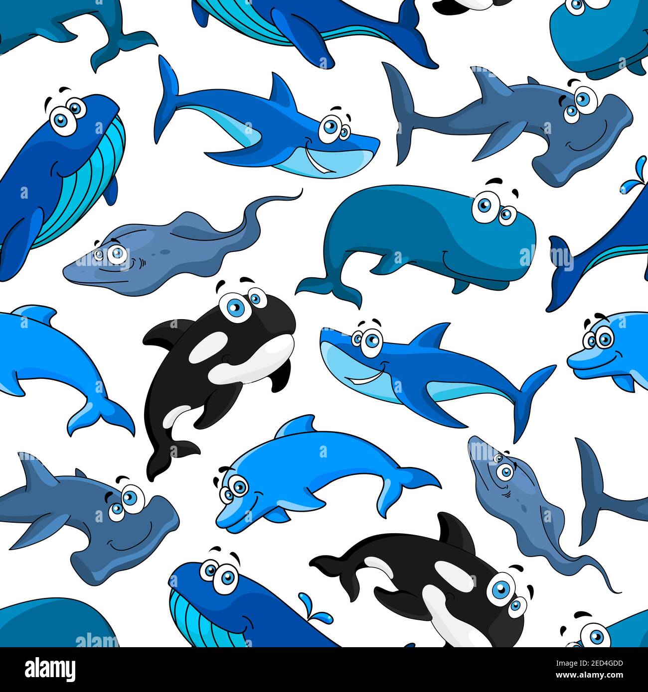 Marine fish seamless pattern background. Sea and ocean mammal animal cartoon pattern with dolphin, shark, whale, stingray, killer whale, hammerhead sh Stock Vector