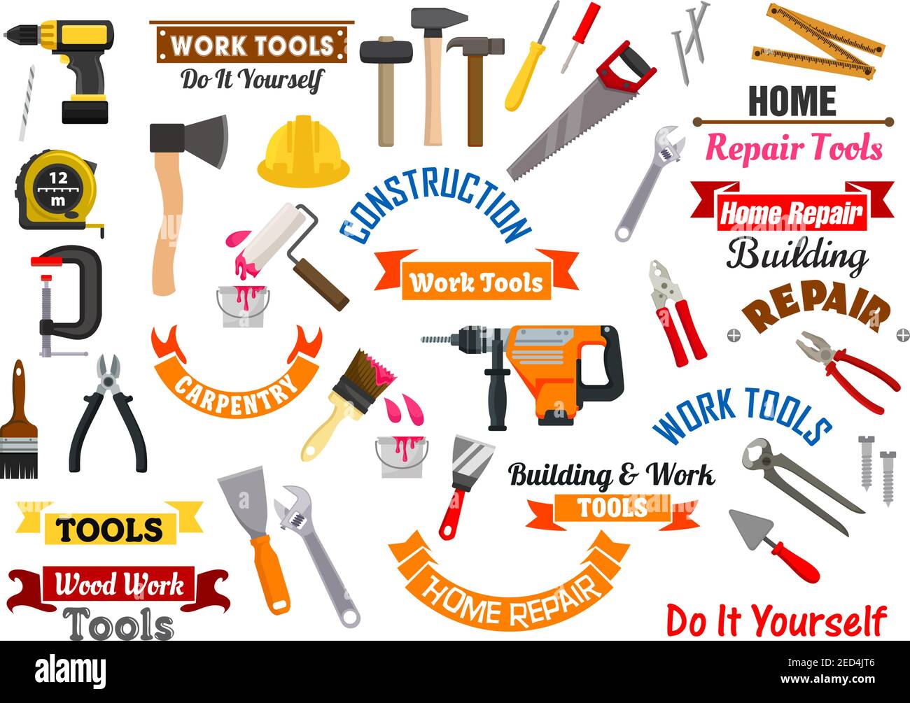 Repair, construction and carpentry work tools. Vector isolated icons