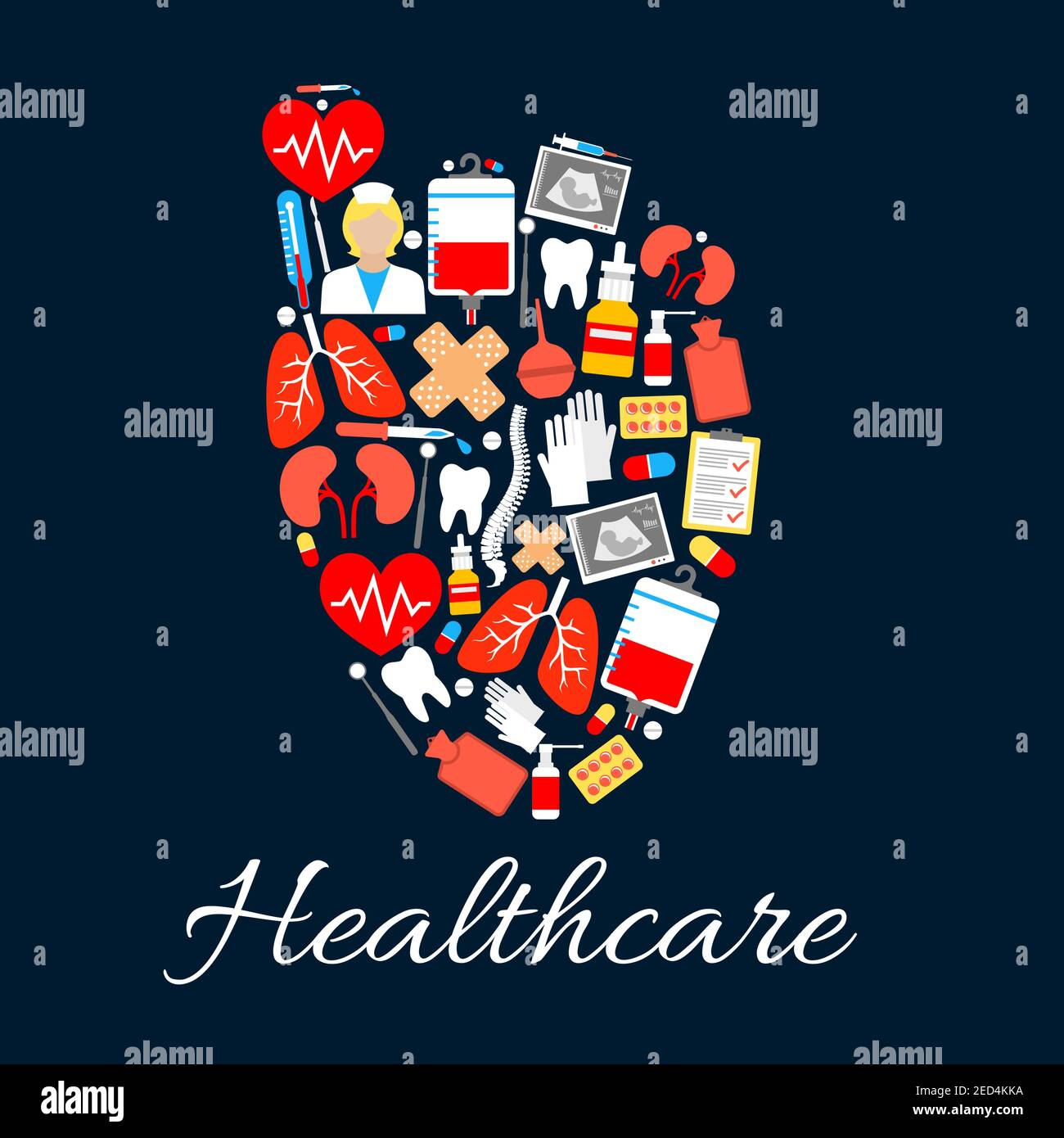 Heart medical poster created of healthcare icons. Pill, syringe, thermometer, doctor and heart, pulse, blood, tooth and baby ultrasound, lung and spin Stock Vector