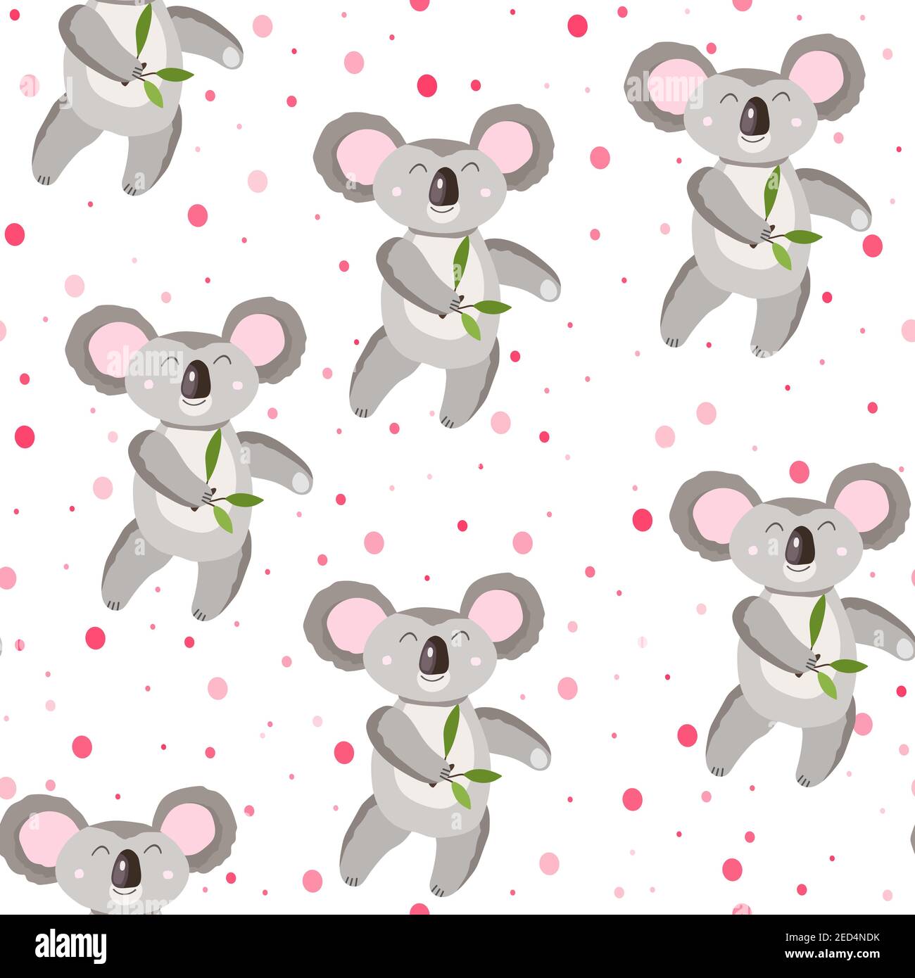 Seamless pattern with cute koala baby and hearts on white polka dots ...