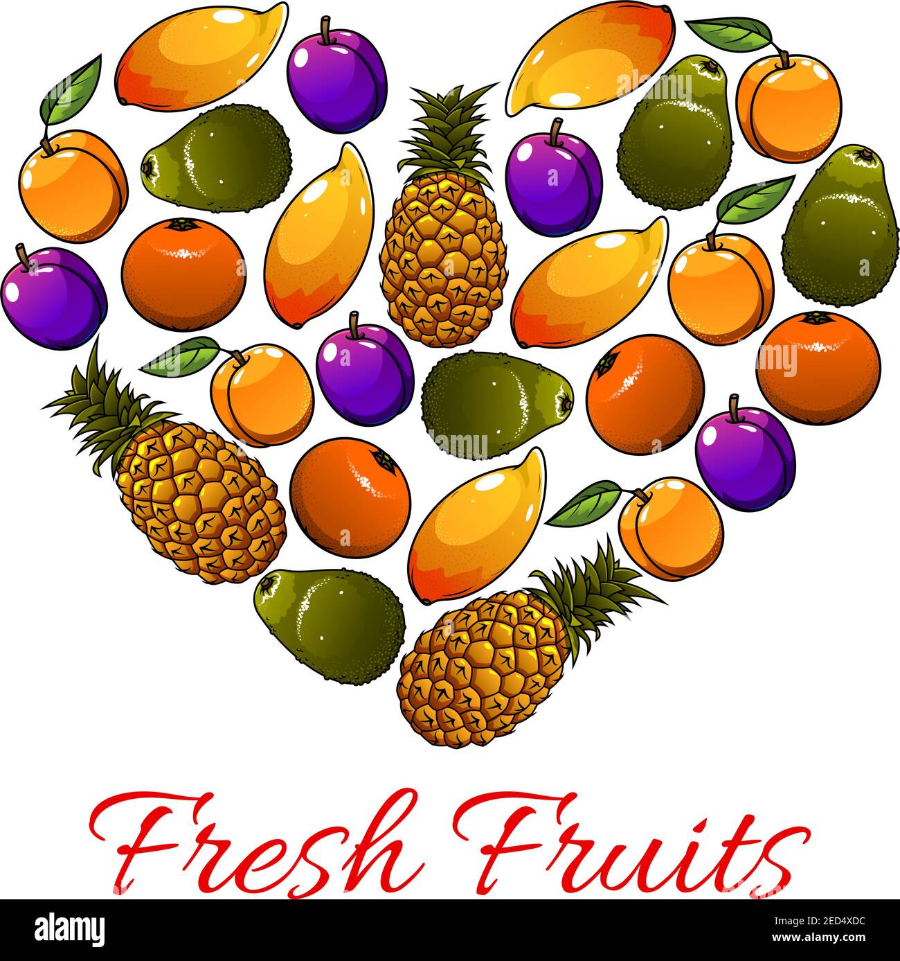 Fruits poster. Vector heart shape of mango, pineapple, plum, orange