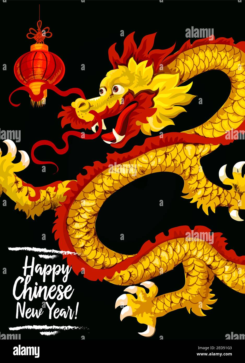Chinese New Year golden dragon festive poster. Traditional Spring Festival symbol of dancing dragon and red paper lantern. Chinese Lunar New Year holi Stock Vector