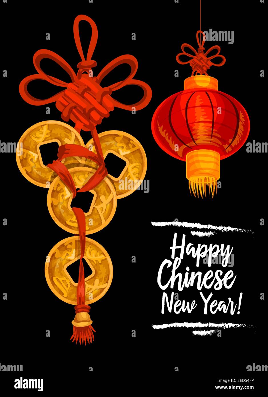 Chinese Lunar New Year holidays card. Red paper lantern and gold coins