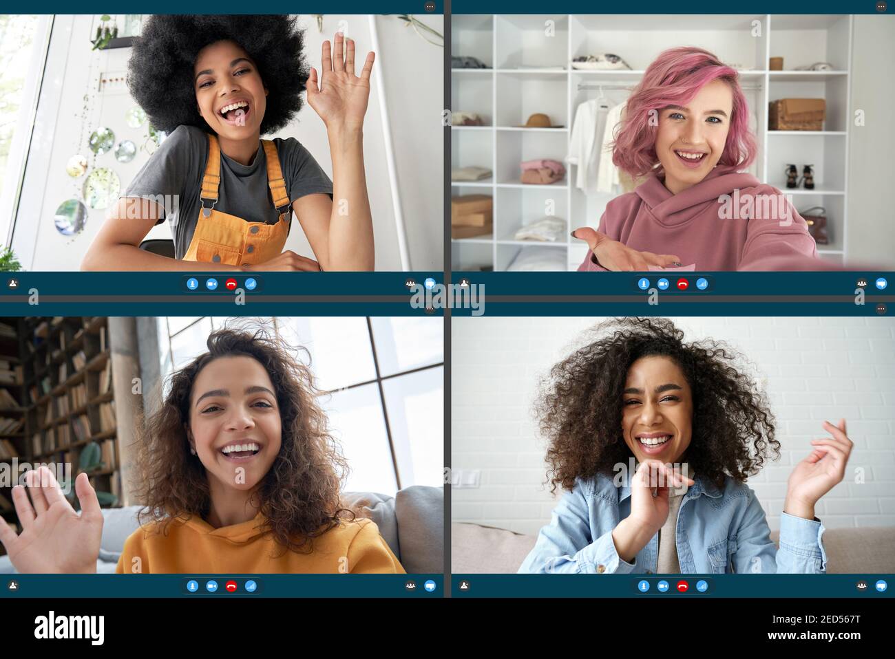 Multicultural diverse friends women on video group conference online call. Stock Photo