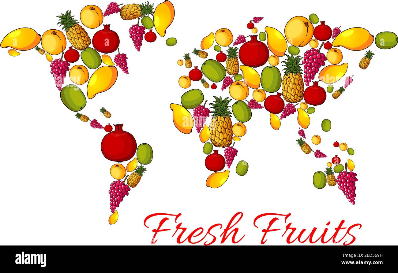 Fruits combined in world map shape with continents of ripe fruit harvest. Vector fresh apple, apricot and peach, tropical sweet mango and exotic kiwi Stock Vector
