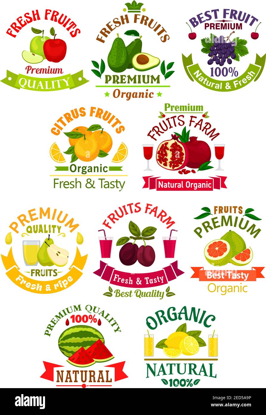 Fruit juice drink isolated icons and badges. Vector juicy apple, guava ...