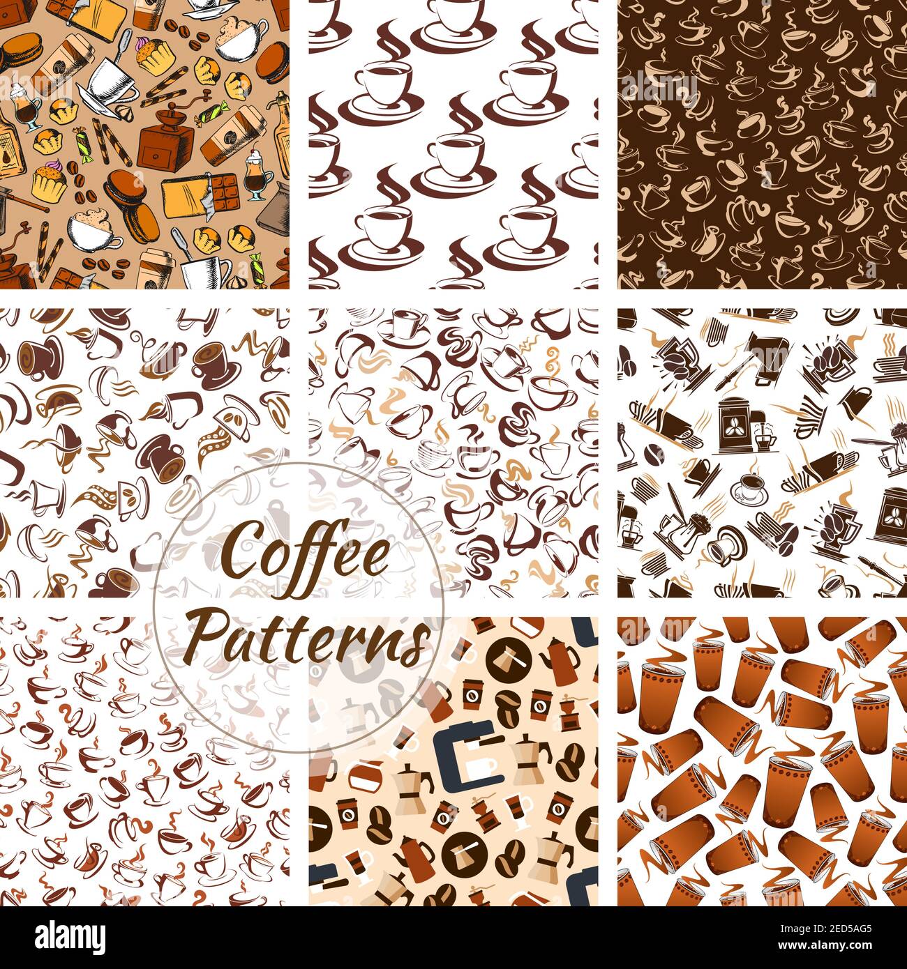 Coffee patterns set of vector coffee bean, cup of hot cappuccino or moka, sweet cupcakes and biscuits, cakes and muffins, coffee mill or grinder and c Stock Vector