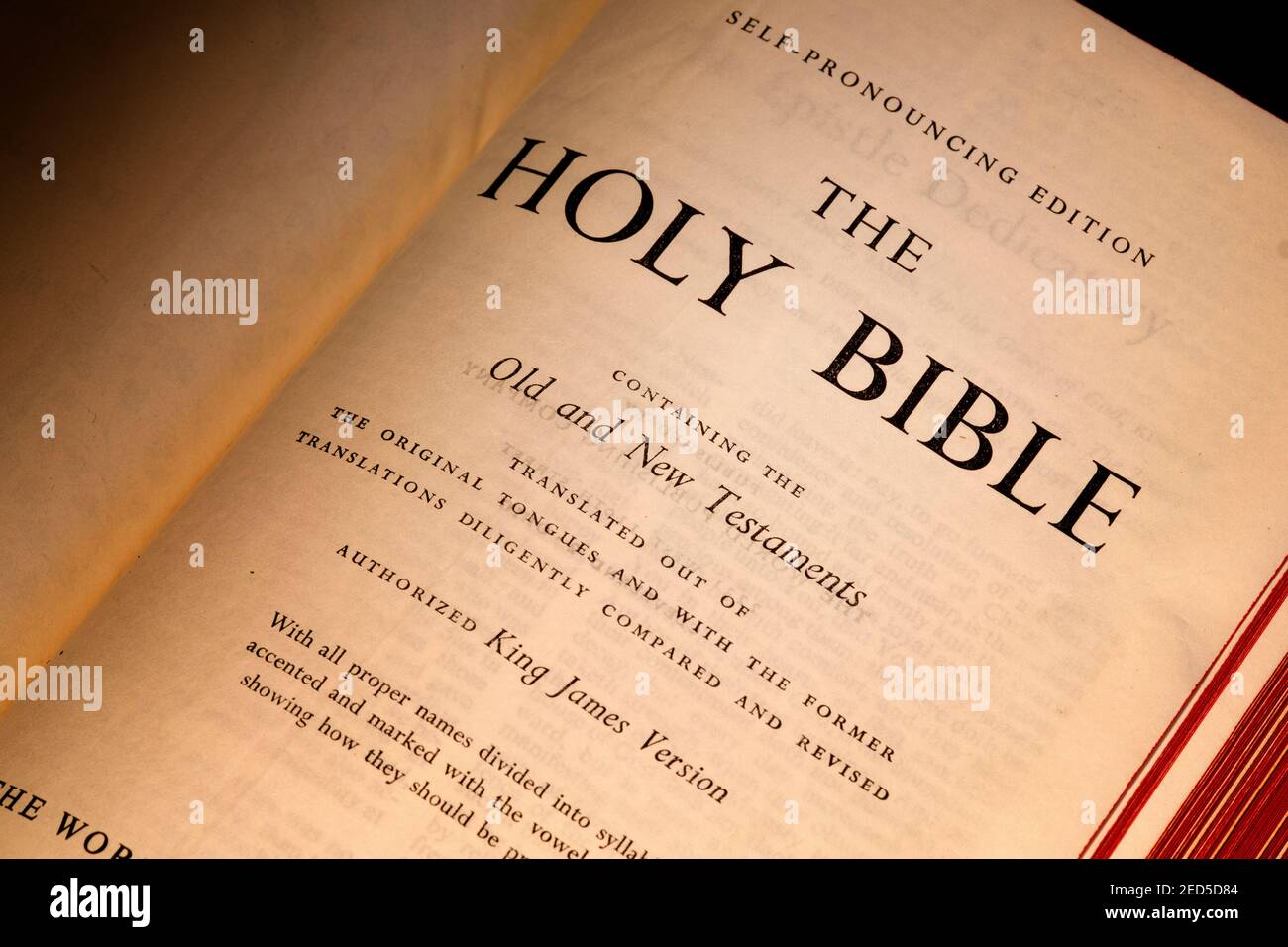 Close up of the Holy Bible, King James version, open to the cover page. Stock Photo