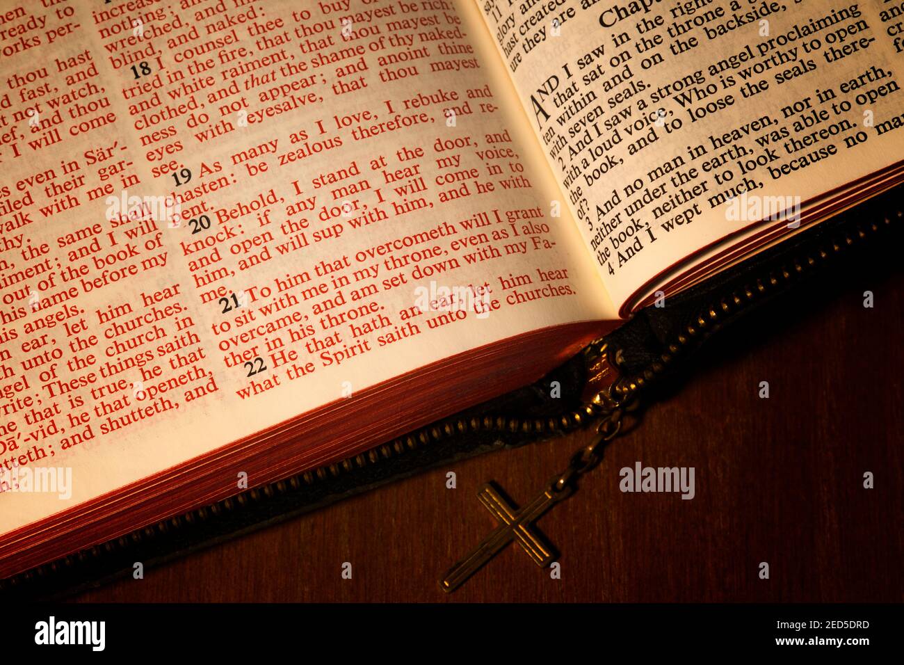 Close up of the Holy Bible, King James version, open to the book of Revelation according to St. John the Divine. Stock Photo