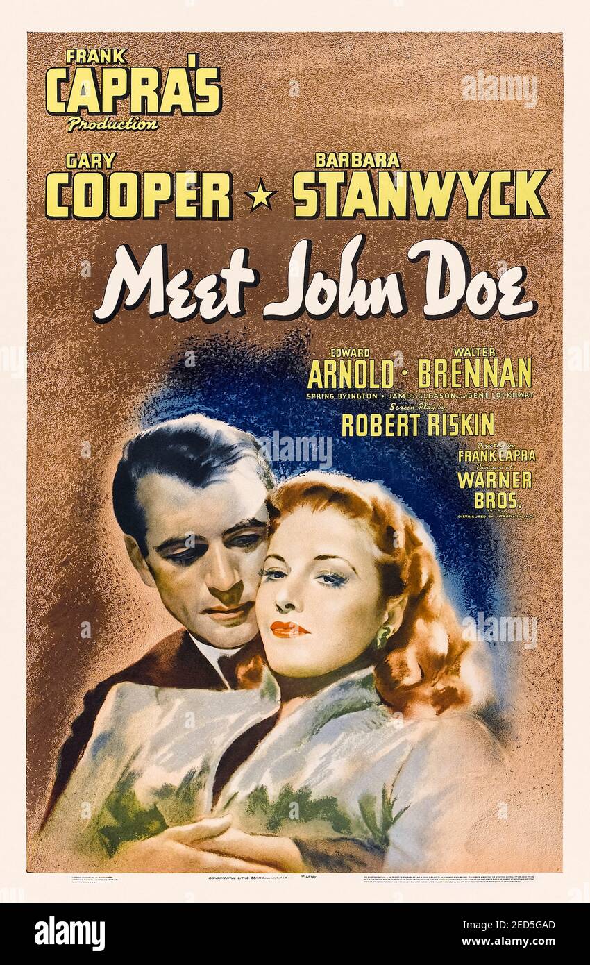 Meet John Doe (1941) directed by Frank Capra and starring Gary Cooper, Barbara Stanwyck and Edward Arnold. A man pretends he is the authjor of a fake suicide letter in protest against the problems in society and accidentally starts a protest movement. Stock Photo