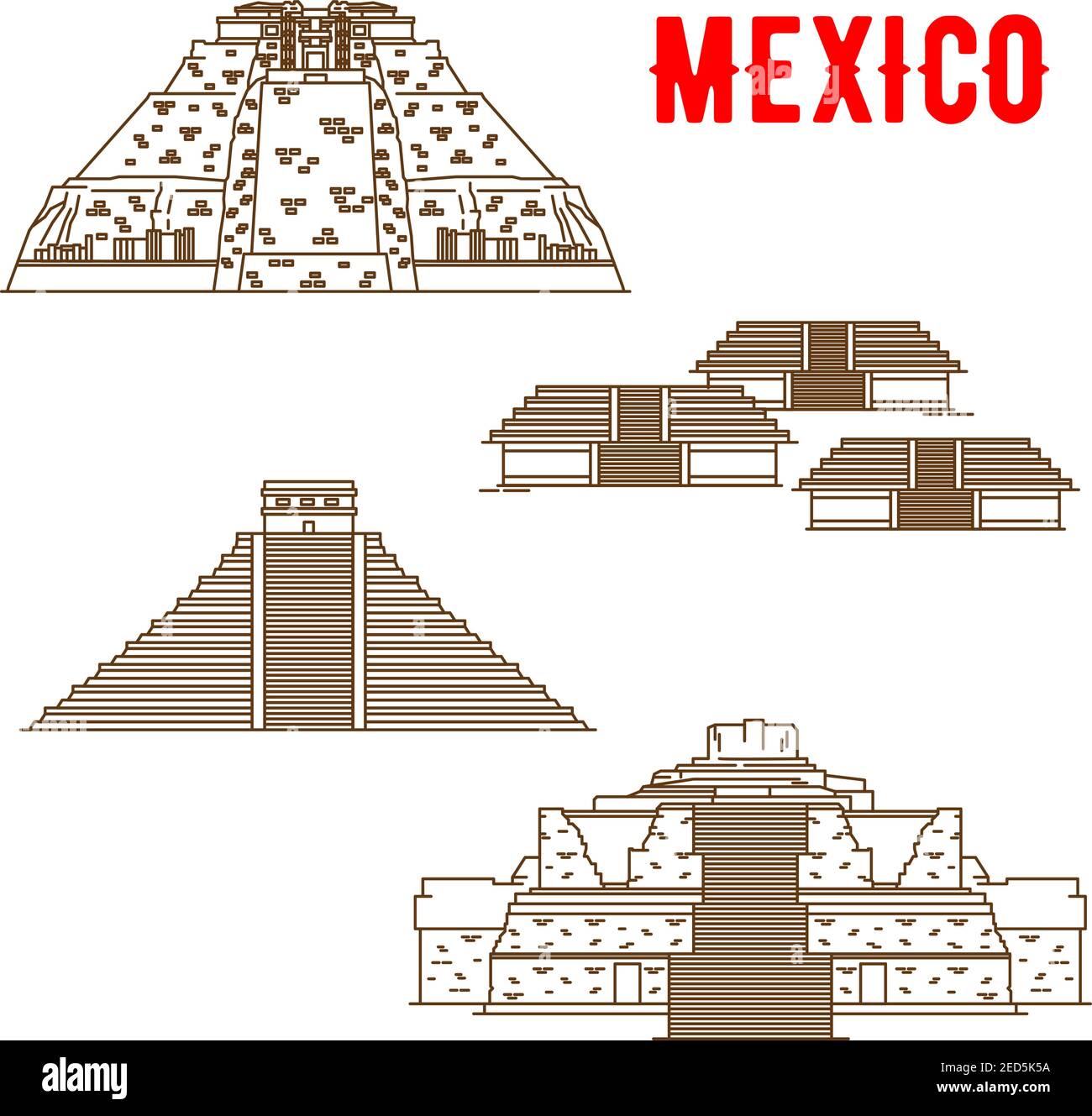 Uxmal, Teotihuacan, Chichen Itza, Ek Balam. Ancient and historic culture landmarks of Mexico. Vector thin line symbols of famous archeological Maya an Stock Vector