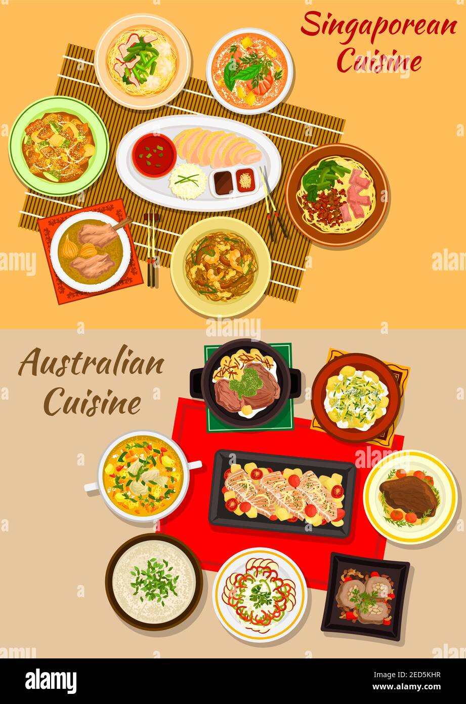 Singaporean and australian cuisine icon with chicken rice, baked salmon, seafood and meat soups, grilled and boiled beef, meat roll, noodles with dump Stock Vector