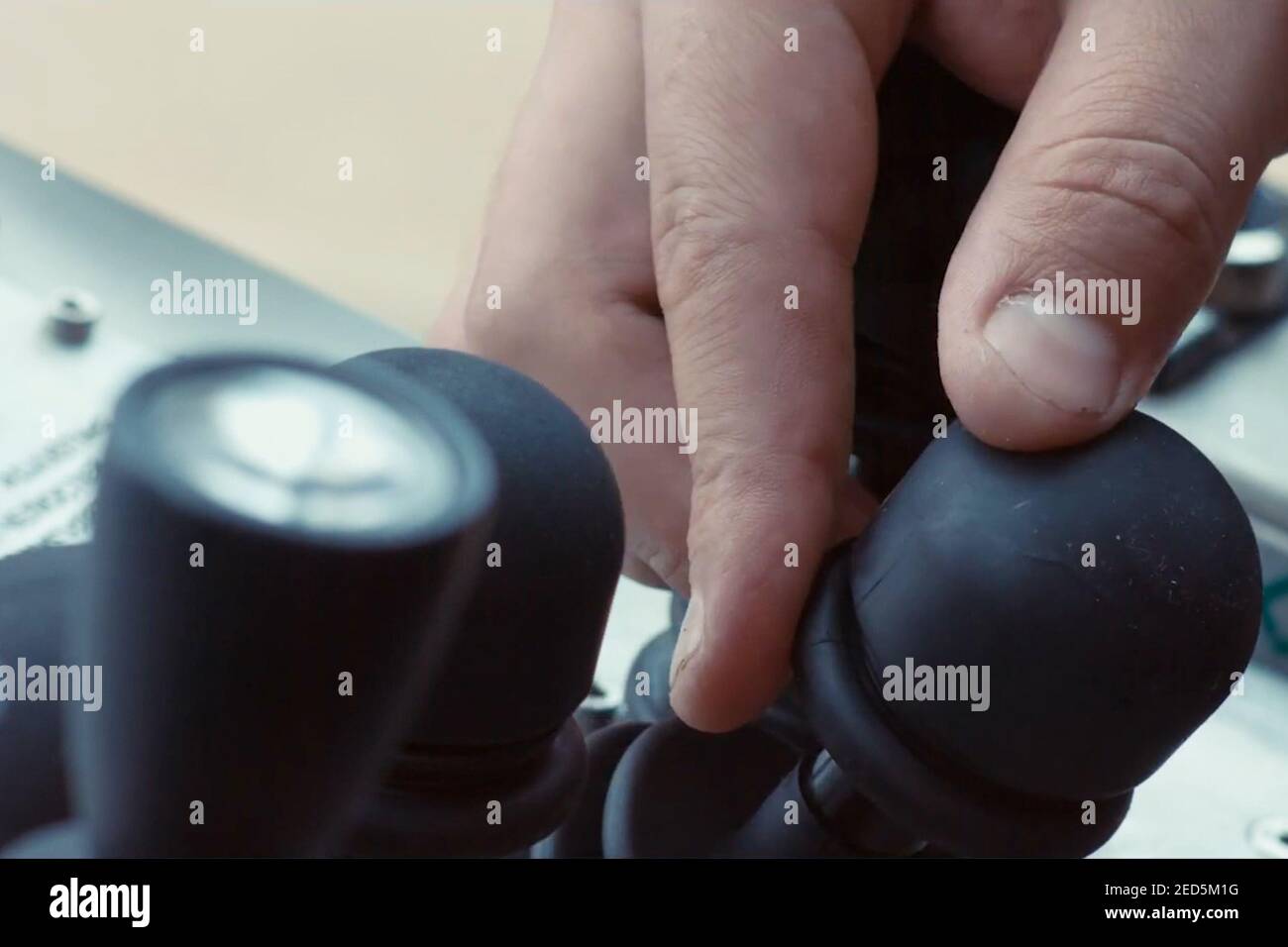 Hydraulic control levers. Drilling platform control panel Stock Photo