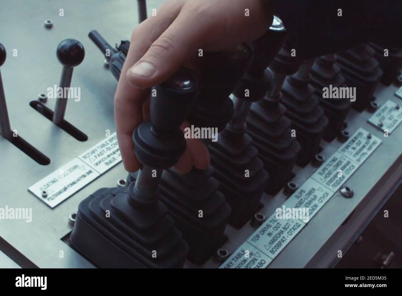 Hydraulic control levers. Drilling platform control panel Stock Photo