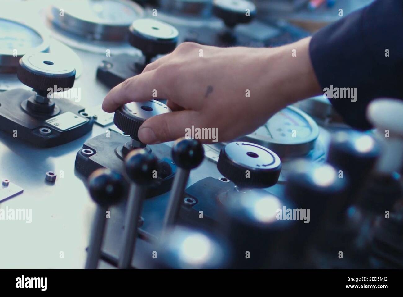 Hydraulic control levers. Drilling platform control panel Stock Photo