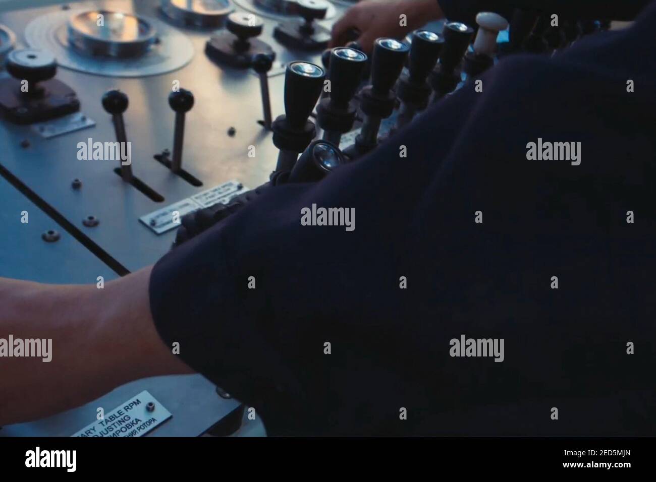 Hydraulic control levers. Drilling platform control panel Stock Photo