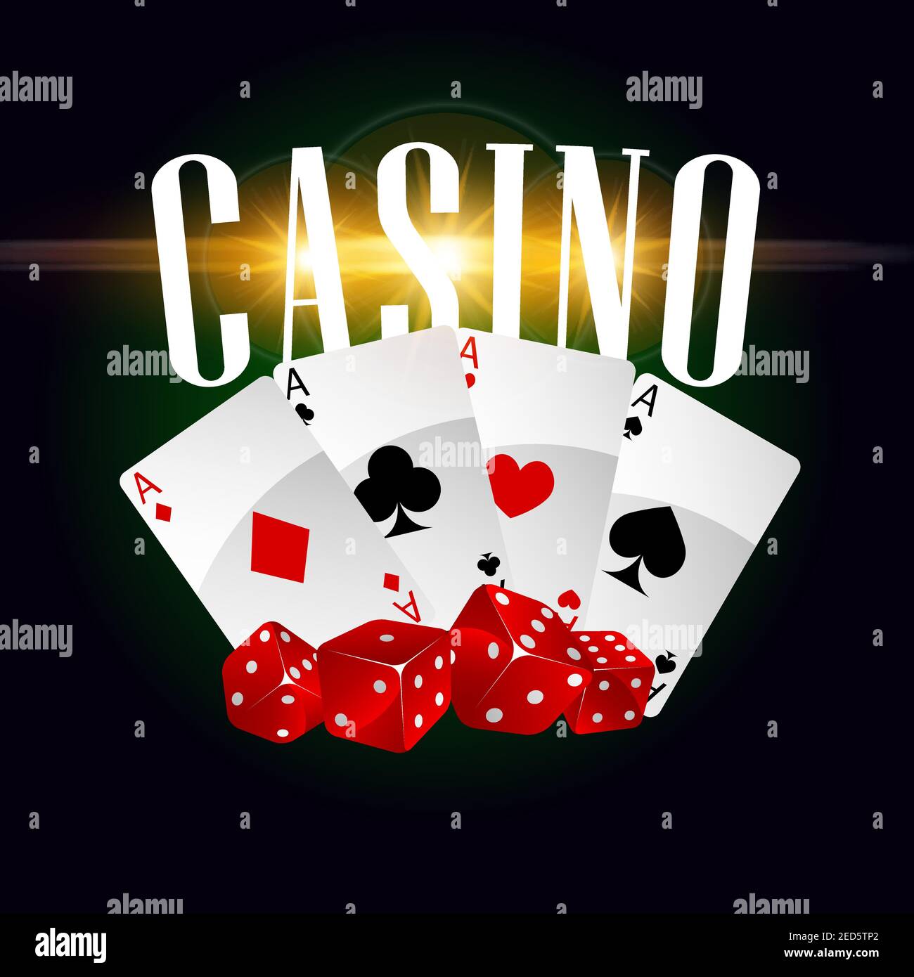 Casino poster with gaming dices and poker cards with spades, hearts, clubs.  Las Vegas casino gaming bets concept with golden letters. Vector poster  with gold glittering light sparkles #1569659